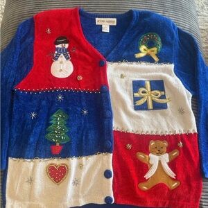 Vintage Victoria Harbor Festive Blue and Red Cardigan